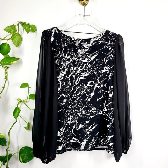 VINCE CAMUTO Marble Blouse SMALL Black White Sheer Stretch Whimsigoth Party Y2K - Picture 1 of 6